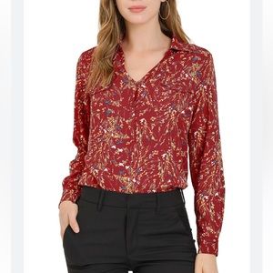 ERENA 100% Silk Red Long Sleeve Blouse Shirt